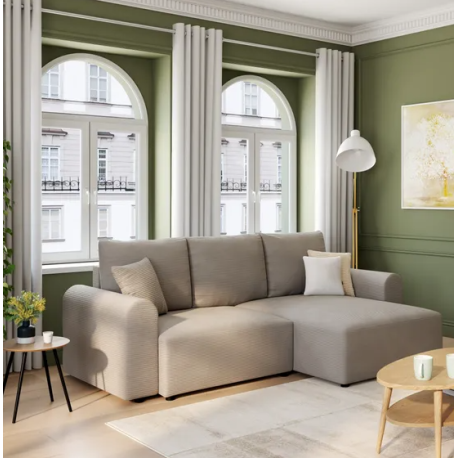 Canapé d'angle méridienne réversible JO tissu velours côtelé beige